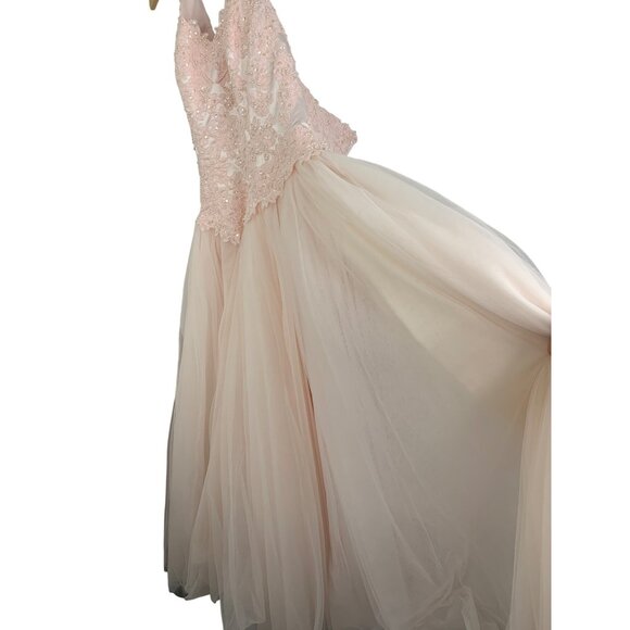 14W Davids Bridal Pink Halter Formal Gown Bead Floral Lace Tulle Dress 96280 - Picture 9 of 12